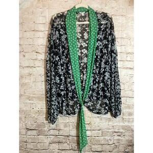 Cato Top Womens 22/24W Mesh Tie Front Boho Hippie Micro Floral Black & Green
